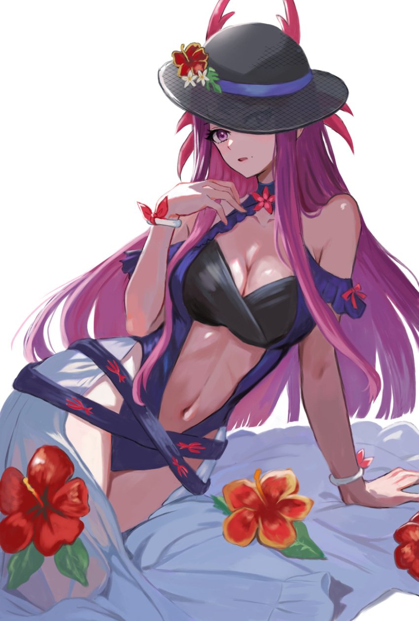 1girls alternate_costume bare_shoulders black_hat black_headwear blue_one-piece_swimsuit blue_swimsuit breasts cleavage clothing_cutout dress dress_swimsuit female female_only fire_emblem fire_emblem_engage fire_emblem_heroes flower hand_up hat hat_flower highres ivy_(fire_emblem) ivy_(summer)_(fire_emblem) large_breasts long_hair looking_at_viewer mole mole_under_mouth navel nintendo official_alternate_costume one-piece_swimsuit open_mouth purple_eyes purple_hair red_flower see-through see-through_headwear solo stomach stomach_cutout swimsuit very_long_hair white_background yuurururun