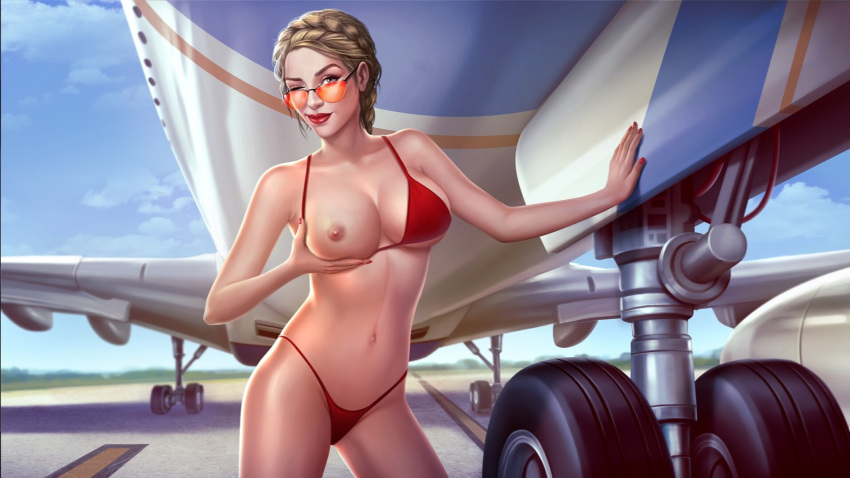 1girls airplane bikini breast_out crown_braid eastern_european exposed_breast g-string holding_breast looking_at_viewer nutaku red_bikini red_lipstick red_sunglasses russian sexy_airlines slavic thong_bikini zenya_vasilevskaya