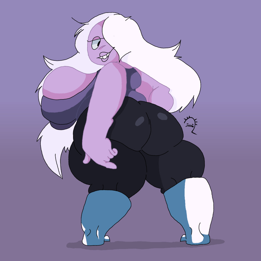 2d_(artwork) amethyst_(steven_universe) bbw big_ass big_breasts cartoon_network chubby clothed commission fat_ass gem_(species) looking_at_viewer looking_back purple_background purple_skin safres_0 shortstack smiling_at_viewer steven_universe thick_ass white_hair