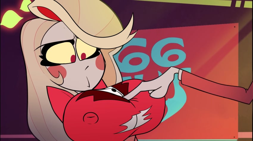 2023 2girls accurate_art_style breast_expansion charlie_morningstar_(hazbin_hotel) demon edit female_only hazbin_hotel huge_breasts katie_killjoy mrmelted nipples_visible_through_clothing poking_breasts ripping_clothing screencap screenshot screenshot_edit vivienne_medrano vivziepop