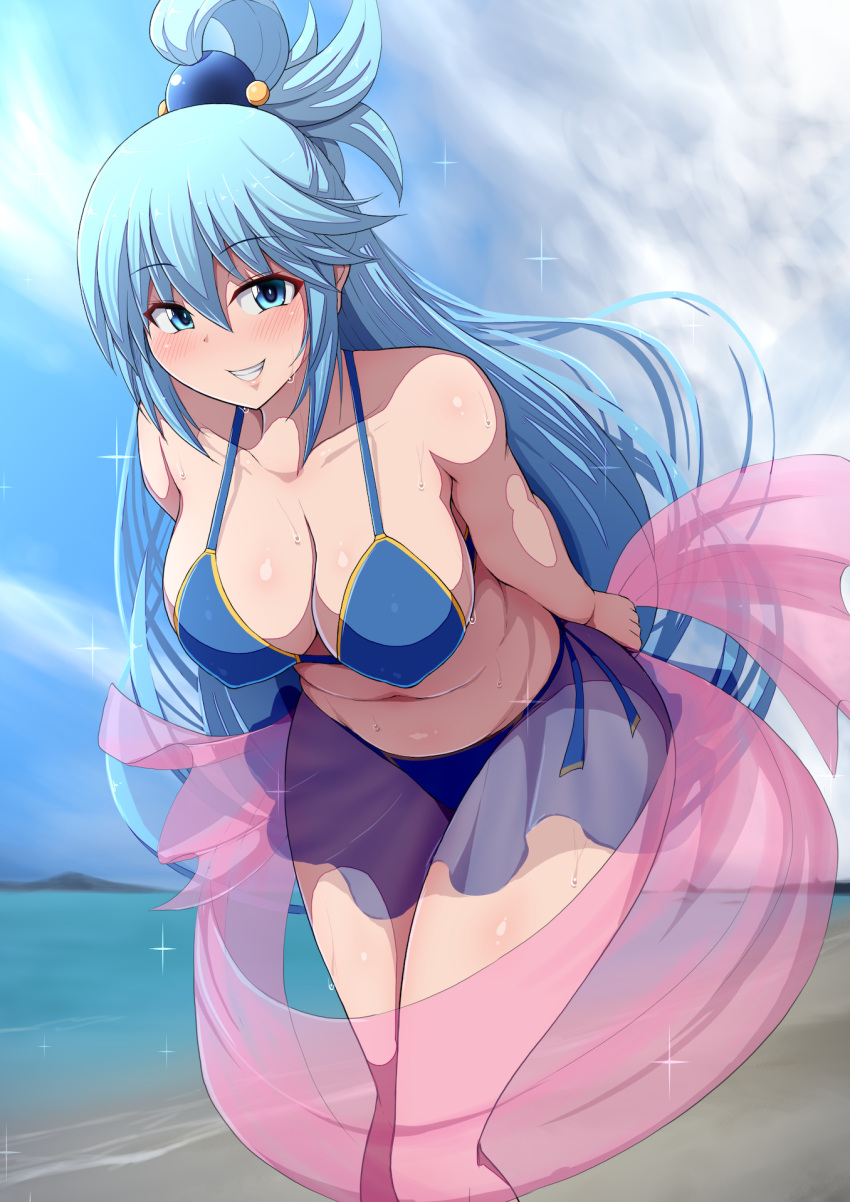 1girls aqua_(konosuba) beach bikini blue_eyes blue_hair breasts cleavage female female_only hi_res kono_subarashii_sekai_ni_shukufuku_wo! large_breasts light-skinned_female light_skin long_hair ponpo smile solo