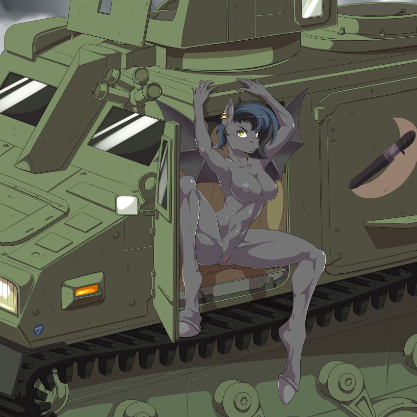 1girls absurd_res anthro apc areola arm_above_head bat_pony breasts completely_nude completely_nude_female doom13 equid female female_only full_body genitals hasbro hi_res looking_at_viewer mammal military muscular muscular_anthro muscular_female my_little_pony naked naked_female nipples notde_(oc) nude nude_female pinup pose pussy solo solo_female spread_legs spreading vehicle