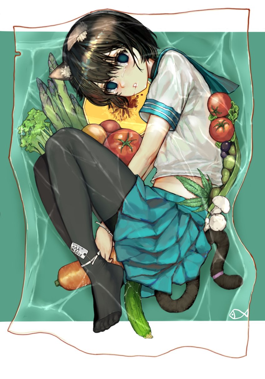 absurdres animal_ear_fluff animal_ears asparagus asphyxiation between_legs black_hair black_pantyhose blue_eyes blue_sailor_collar blue_skirt blush cable_tie carrot cat_ears cat_girl cat_tail commentary corpse crying crying_with_eyes_open cucumber death drooling empty_eyes female food full_body green_background highres iuui looking_at_viewer midriff no_shoes object_insertion original pantyhose pleated_skirt pussy_juice restrained sailor_collar school_uniform serafuku shirt short_hair skirt solo symbol-only_commentary tail tears tomato two-tone_background vacuum_bed variant_set vegetable white_background white_shirt