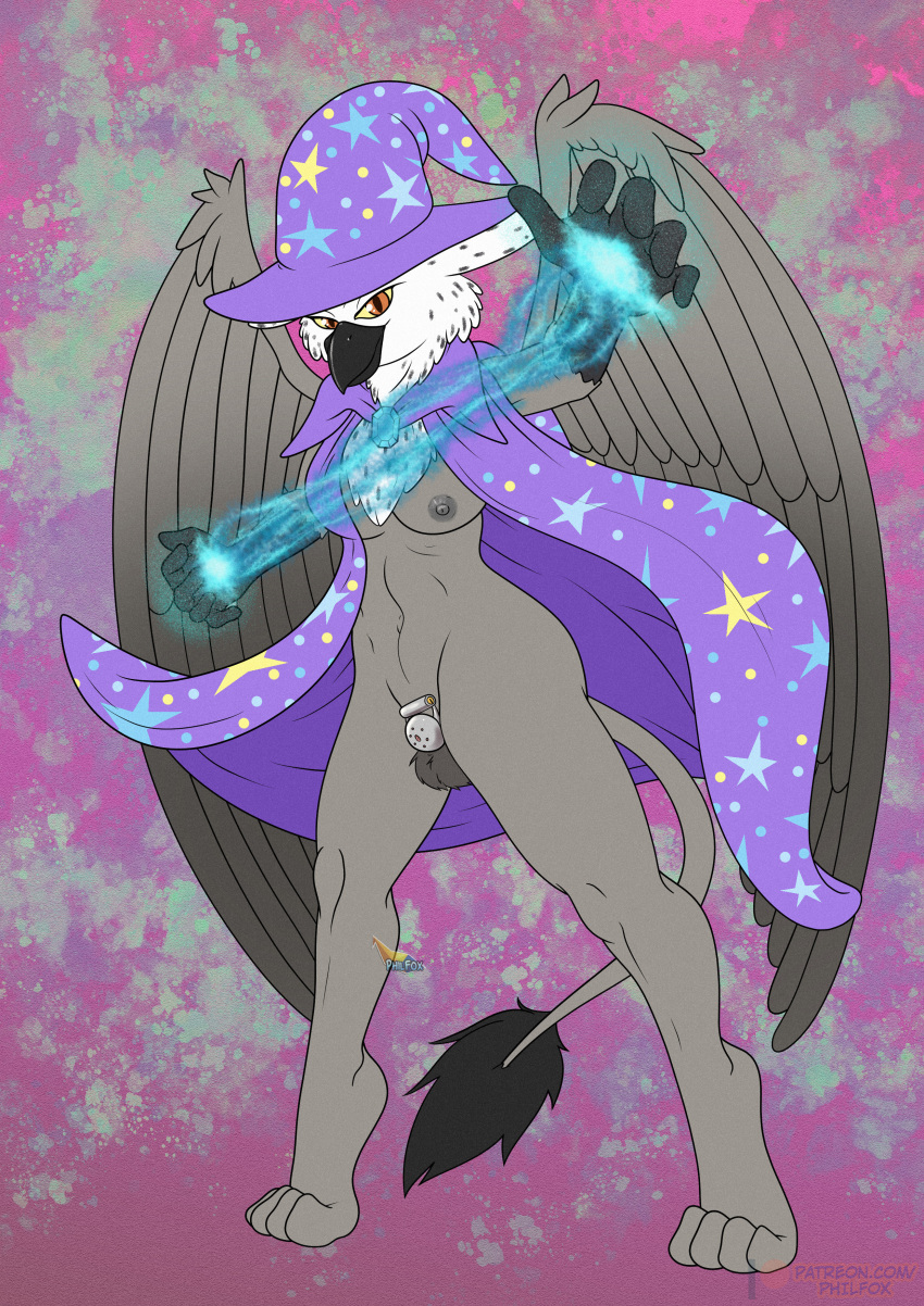 absurd_res anthro areola avian balls body_hair breasts chastity_cage chastity_device erect_nipples futanari genitals gryphon gynomorph hairy_balls hasbro hi_res intersex lidded_eyes looking_at_viewer magic magician_hat my_little_pony mythological_avian mythology navel nipples nude penis philfox solo