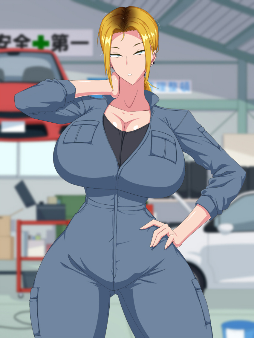 1girls :0 :o athletic athletic_female background big_breasts black_eyebrows black_shirt black_t-shirt blonde_female blonde_hair blonde_hair_female blue_eyes blue_jumpsuit breast_pocket breasts brown_eyebrows camel_toe cameltoe car cleavage curvy curvy_body curvy_female curvy_figure curvy_hips dyed-hair dyed_hair ear_piercing ear_ring earring earrings female female_focus female_only fit fit_female green_eyes hand_on_hip hand_on_neck hands_on_hips himitsu_kessha_vanitas indoors jumpsuit large_breasts light_blue_eyes light_green_eyes looking_at_viewer mechanic oc open_mouth original original_character parted_bangs parted_hair pierced_ears piercing piercings pockets pony_tail ponytail roof shirt sign sole_female solo solo_female solo_focus standing t-shirt tall tall_female tall_girl taller_female taller_girl tomboy tool toolbox tools turquoise_eyes wall wide_hips