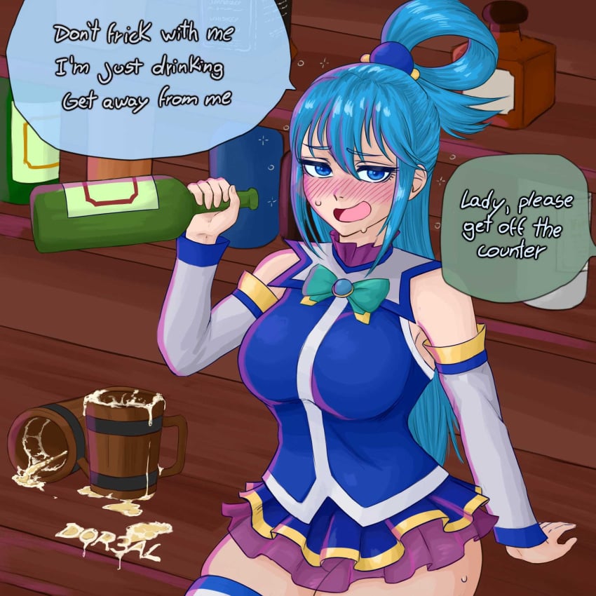 1girls aqua_(konosuba) blue_eyes blue_hair blush breasts dor3al drinking drunk english_text female female_only hair_ornament kono_subarashii_sekai_ni_shukufuku_wo! large_breasts long_hair looking_at_viewer open_mouth sitting skirt solo text thick_thighs thighs wine