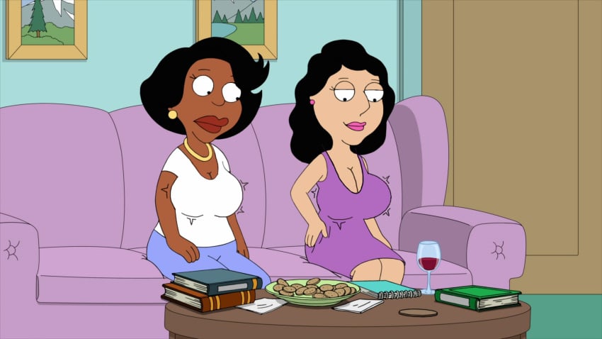 2girls accurate_art_style big_breasts black_hair bonnie_swanson breast_expansion breasts cleavage donna_tubbs dress earring earrings family_guy ggedits hand_on_hip huge_breasts imminent_sex imminent_yuri large_breasts lipstick looking_at_breasts looking_down milf necklace screencap screenshot screenshot_edit smirk smirking staring_at_breasts