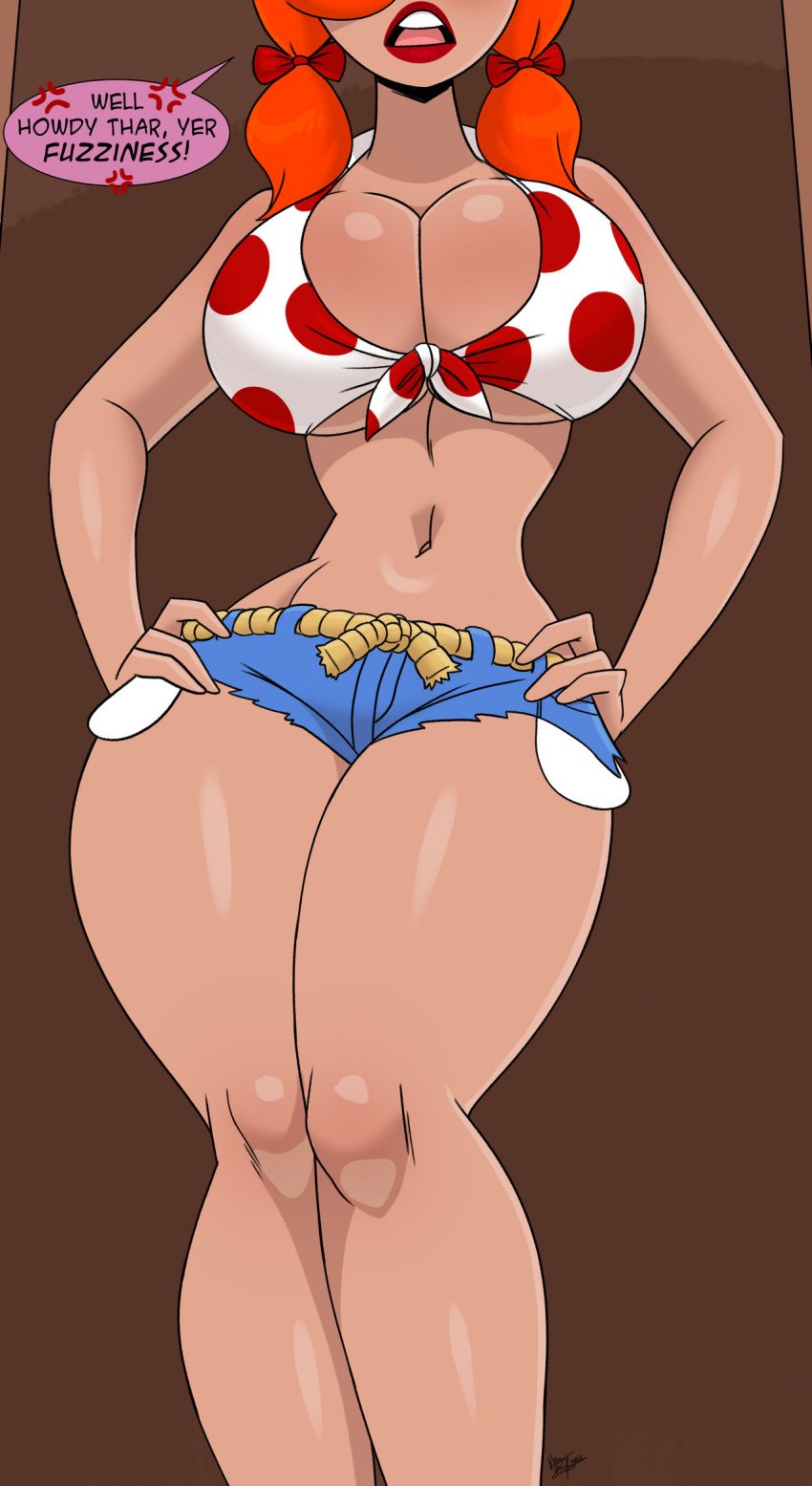 1girls aeolus06 big_breasts breasts busty cartoon_network cleavage daisy_dukes digital_drawing_(artwork) digital_media_(artwork) farmgirl female hillbilly huge_breasts midriff midriff_baring_shirt orange_hair pigtails polka_dot powerpuff_girls sara_bellum southern thick_thighs tied_shirt wide_hips