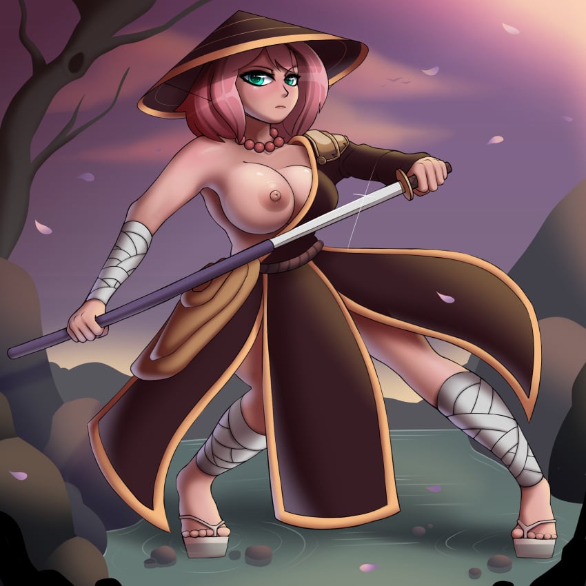 1girls 2023 absurd_res aged_up anya_forger areola bandages big_breasts black_clothing breasts casual clothed clothing exposed_breasts feet female female_only green_eyes headwear hi_res human jwecchi_(artist) outdoors pale_skin partially_exposed_breasts pink_hair samurai solo spy_x_family weapon