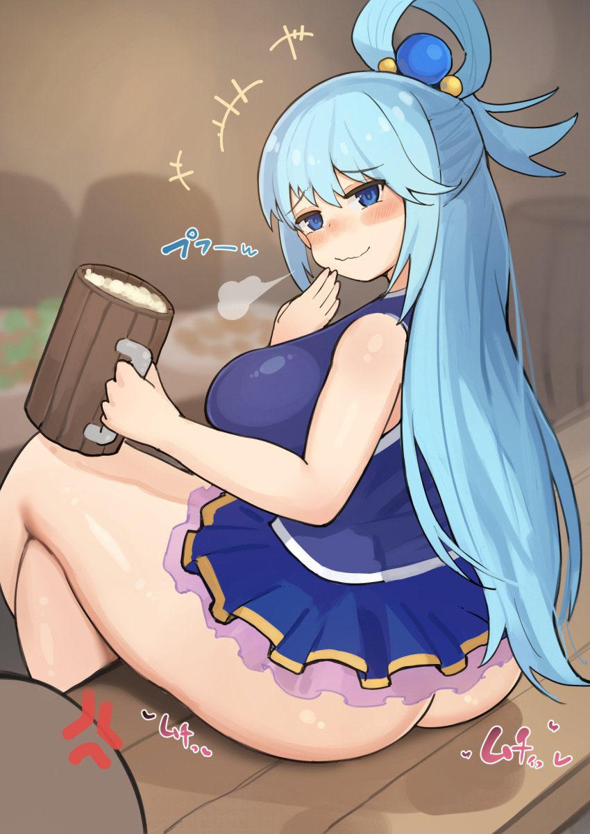 1girls aqua_(konosuba) ass blue_eyes blue_hair blush breasts drinking drunk hair_ornament huge_ass kono_subarashii_sekai_ni_shukufuku_wo! large_breasts long_hair looking_at_viewer nakata_gorori public sitting skirt smile smug tavern teasing thick_thighs thighs