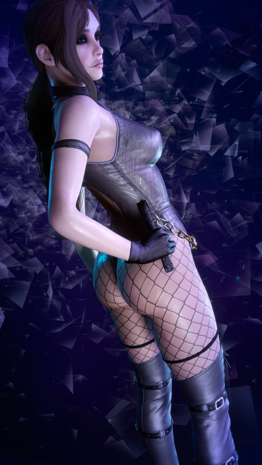 1girls 3d 3d_(artwork) absurd_res ass ass_focus boots brown_hair bubble_ass chain_whip choker dommy_mommy eyeshadow fat_ass female fishnets frozen_spaces gloves hi_res jules_abel light-skinned_female light_skin nopixel oily ponytail pose seductive_look see-through_clothing solo solo_female solo_focus thigh_strap thighs