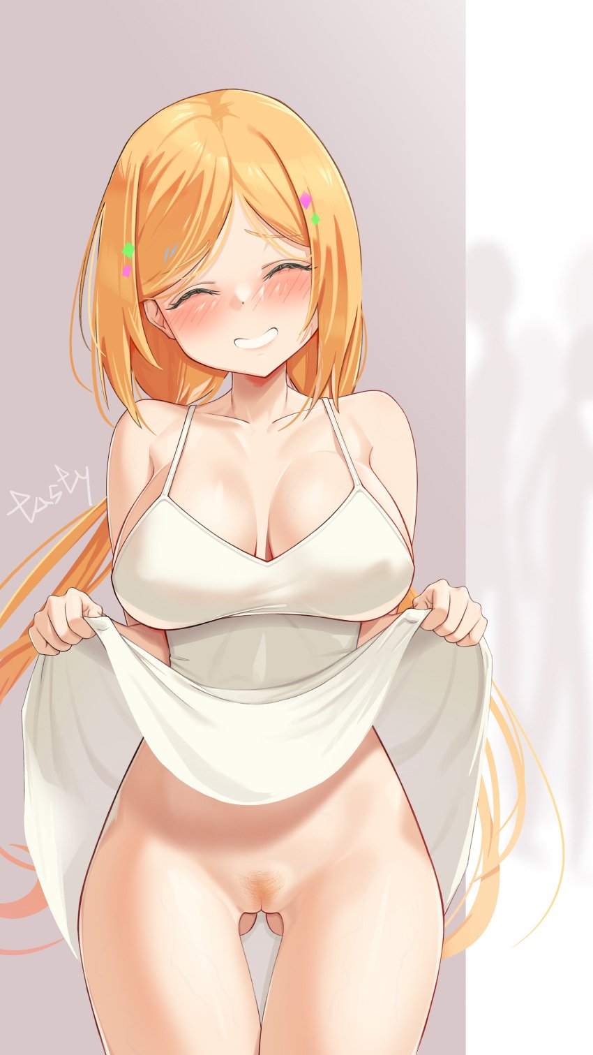 absurdres aki_rosenthal bare_shoulders blonde_hair blush breasts cleavage clothes_lift collarbone dress dress_lift female grin harry_(dudwofla) highres hololive hololive_gen_1 hololive_japan large_breasts lifted_by_self long_hair low_twintails no_panties parted_bangs pubic_hair pussy smile solo thigh_gap thighs twintails uncensored virtual_youtuber white_dress