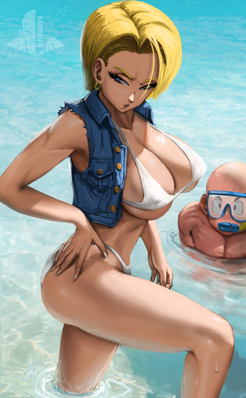 1boy 1girls alternate_hairstyle android_18 bald bikini blonde_hair blue_eyes dragon_ball dragon_ball_z earrings elitenappa jean_jacket krillin kuririn large_ass muscular muscular_female muscular_male posing ripped_clothing short_hair short_jacket thighs water wet