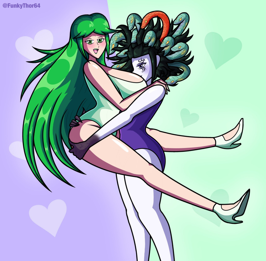 2girls artist_name breasts curvaceous dark_green_hair face_in_breasts facial_tattoo female female_only fingernails funkythor64 green_eyes green_hair green_leotard green_lipstick hands_on_shoulders hearts_in_background heels high_heels indigo_eyes kid_icarus kid_icarus_uprising large_ass large_breasts leotard light_green_clothing long_green_hair long_hair looking_at_viewer medusa_(kid_icarus) nintendo open_mouth pale_skin palutena purple_leotard sharp_fingernails side_view smile snake_hair stand_and_carry stand_and_carry_position tagme thick_thighs yuri