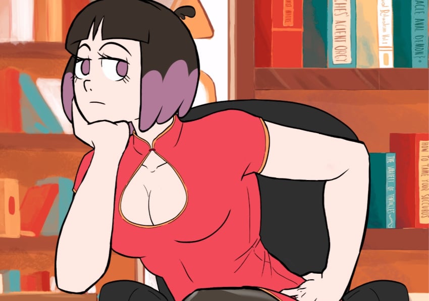 banjabu big_breasts black_hair breasts cleavage cleavage_cutout hilda_(series) kaisa_(hilda) looking_at_viewer pale-skinned_female pale_skin pantyhose purple_hair shirt short_hair skirt two_tone_hair