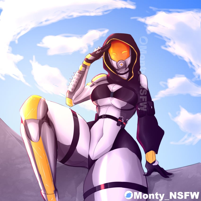 1girls 2d alien alien_girl alien_humanoid bare_shoulders belly_button breasts cleavage detailed_background female female_focus female_only glistening_body happy helmet hood jpeg mass_effect monty_nsfw mostly_nude quarian solo text thick thick_thighs underboob