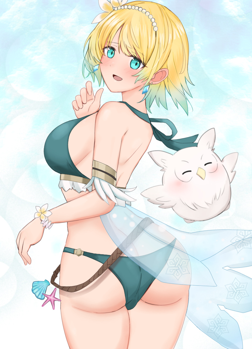 1girls alternate_costume ass back back_view bare_back bare_thighs belt big_ass bikini blonde_hair blue_eyes breasts butt_crack earrings feh_(fire_emblem_heroes) female female_only fire_emblem fire_emblem_heroes fjorm_(fire_emblem) fjorm_(summer)_(fire_emblem) flower green_bikini green_swimsuit hair_flower large_breasts looking_back nintendo official_alternate_costume open_mouth see-through shell short_hair smile solo swimsuit thick_thighs thighs toshimasa veil