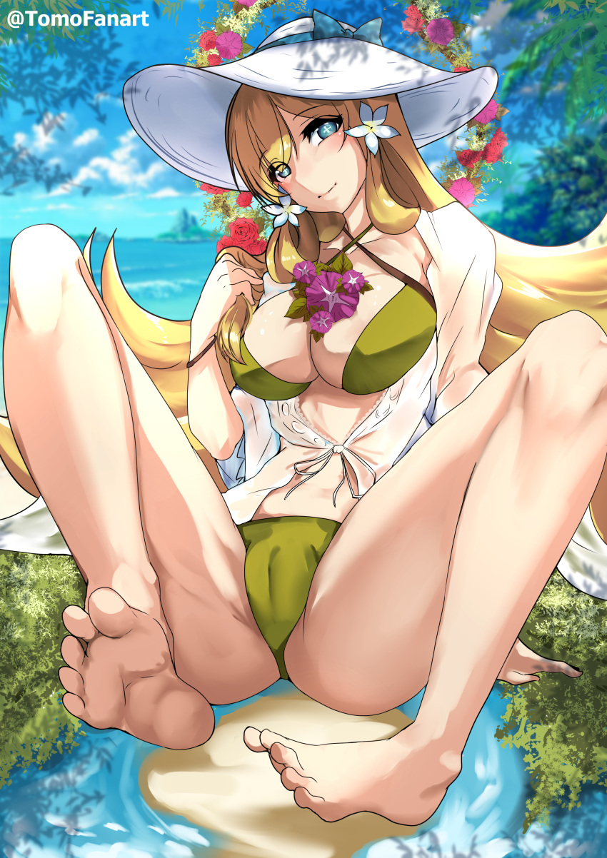 1girls absurdres alternate_costume aqua_eyes artist_name barefoot bikini blonde_hair breasts cameltoe cleavage criss-cross_halter feet female female_only fire_emblem fire_emblem_heroes flower green_bikini green_swimsuit hair_flower hair_ornament halterneck hat hat_ribbon highres holding_own_hair knees_up large_breasts legs long_hair looking_at_viewer nintendo official_alternate_costume partially_visible_vulva ribbon sidelocks smile soles solo swimsuit toes tomodachi_(tomofanart) very_long_hair white_headwear ymir_(fire_emblem_heroes) ymir_(summer)_(fire_emblem_heroes)