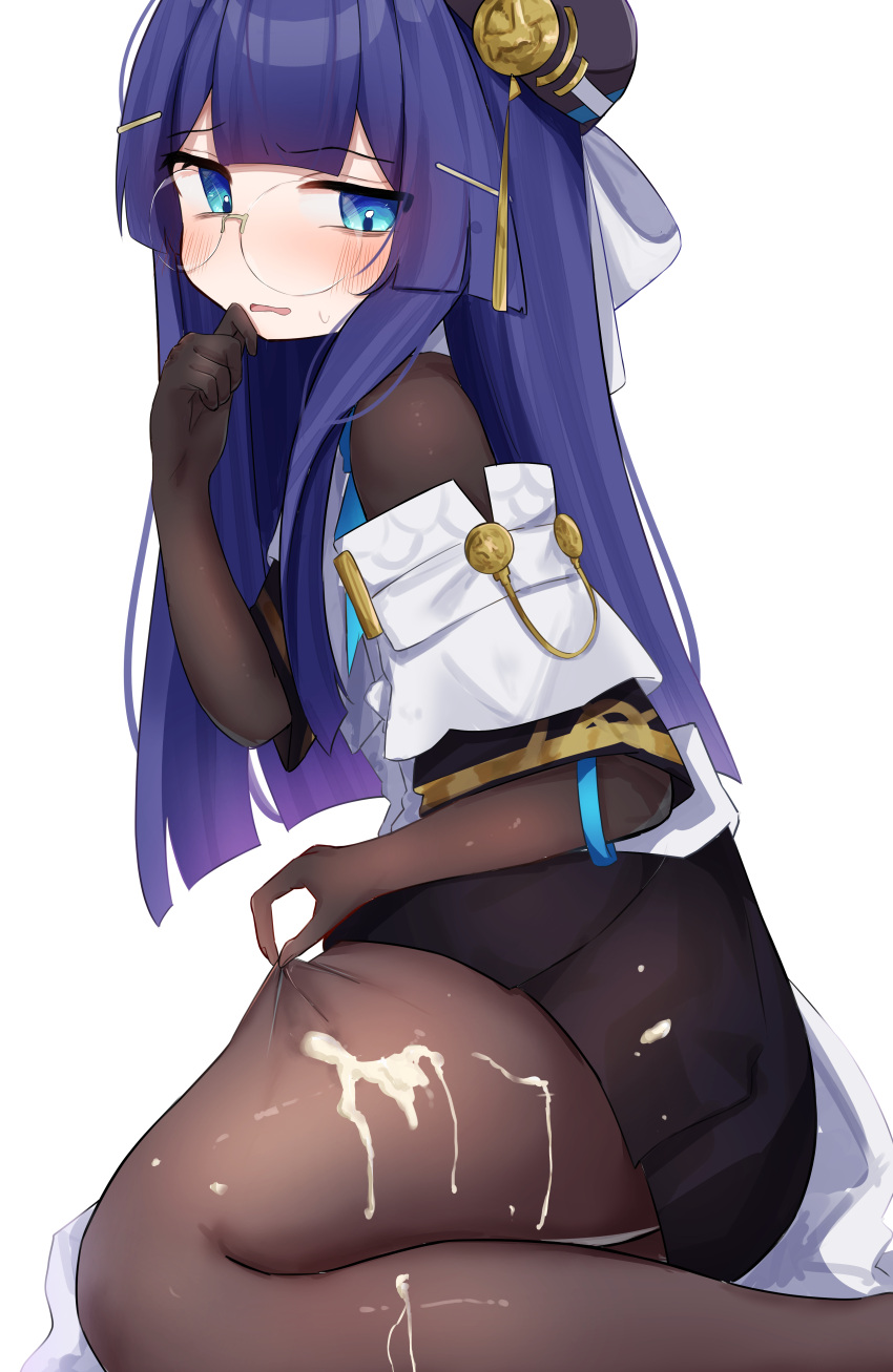 1girls blue_hair blush cum cum_on_clothes cum_on_leg cum_on_lower_body cum_on_pantyhose cum_on_stockings cum_on_thighs female flushed fully_clothed glasses hand_to_own_mouth honkai:_star_rail honkai_(series) pantyhose pela_(honkai:_star_rail) skirt thick_thighs