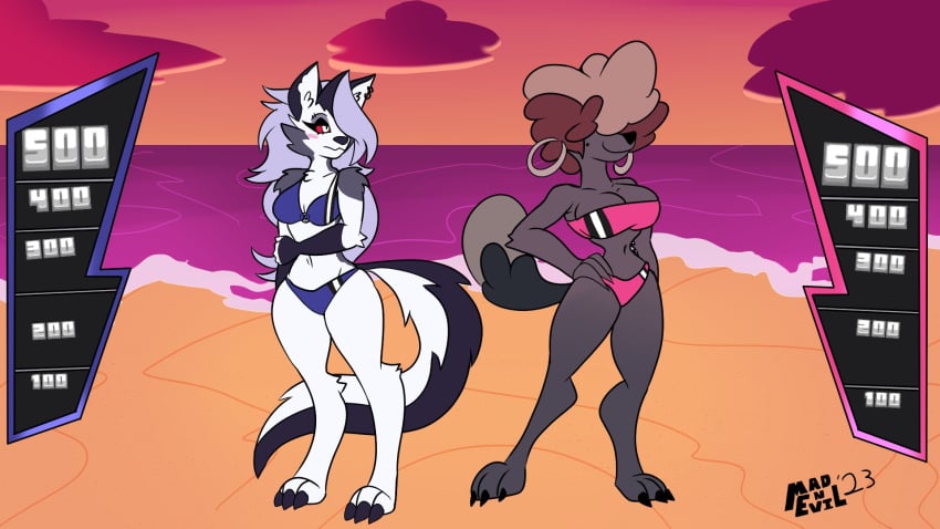 2girls afro anthro beach big_breasts bikini breasts canid canid_demon canine cleavage covered_eyes digitigrade domestic_dog duo duo_female esme_(helluva_boss) hellhound helluva_boss hoop_earrings long_hair loona_(helluva_boss) mad_n_evil multiple_girls navel thick_thighs vivienne_medrano wide_hips wolf