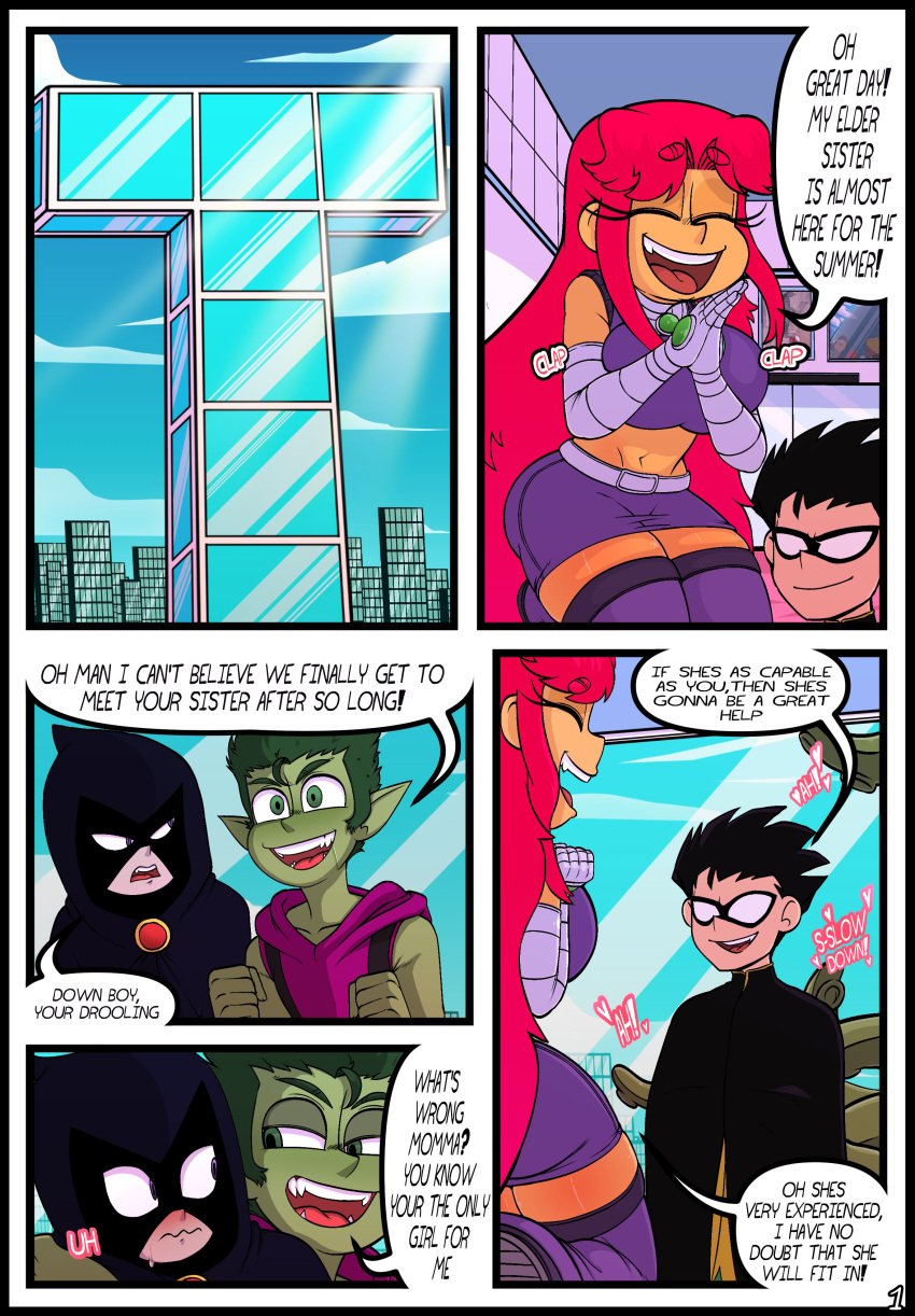 2boys 2girls beast_boy comic dc dc_comics dick_grayson english_text female lioxdz male multiple_boys multiple_girls raven_(dc) robin_(dc) robin_(dick_grayson) starfire teen_titans text zamoshvik