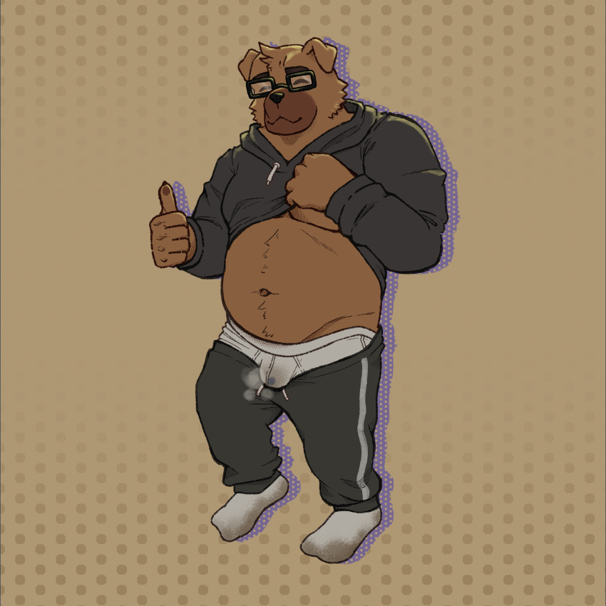 absurd_res aggressive_retsuko aggretsuko animal_humanoid anthro barazoku body_hair breasts breeches brown_body brown_fur brown_hair canid canid_humanoid canine canine_humanoid canis chest_hair chubby_belly chubby_male closed_eyes dog_humanoid dokachin domestic_dog eyewear fur glasses hair hatsuri hi_res humanoid male male/male mammal mammal_humanoid mature_male muscular muscular_anthro muscular_male pecs pijama sanrio solo solo_focus young