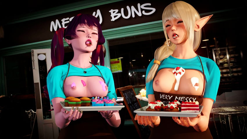 3d 3d_(artwork) a_house_in_the_rift azraesha baker bakery breasts buns elf elf_ears elf_female elf_girl lyriel nipples nipples_outside original original_art original_artwork original_character original_characters pin_up pinup ponytail showing_nipple succubus twintails video_game video_game_character video_games visual_novel