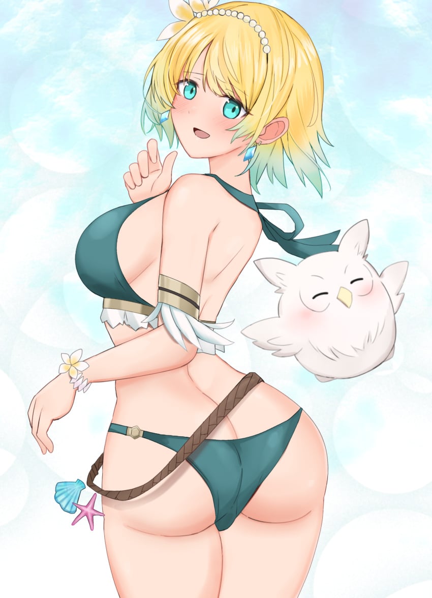 1girls alternate_costume ass back back_view bare_back bare_thighs belt big_ass bikini blonde_hair blue_eyes breasts butt_crack earrings feh_(fire_emblem_heroes) female female_only fire_emblem fire_emblem_heroes fjorm_(fire_emblem) fjorm_(summer)_(fire_emblem) flower green_bikini green_swimsuit hair_flower large_breasts looking_back nintendo official_alternate_costume open_mouth shell short_hair smile solo swimsuit thick_thighs thighs toshimasa