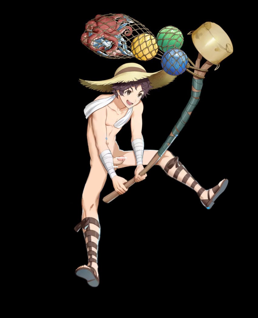 1boy attack black_background brown_eyes brown_hair censored codename_edit donnel_(fire_emblem) donnel_(summer)_(fire_emblem) edit fire_emblem fire_emblem_awakening fire_emblem_heroes fish footwear hat holding holding_object male male_only naked_hat net nintendo nude nude_filter nude_male octopus open_mouth sandals scar short_hair smile solo stick straw_hat towel towel_around_neck