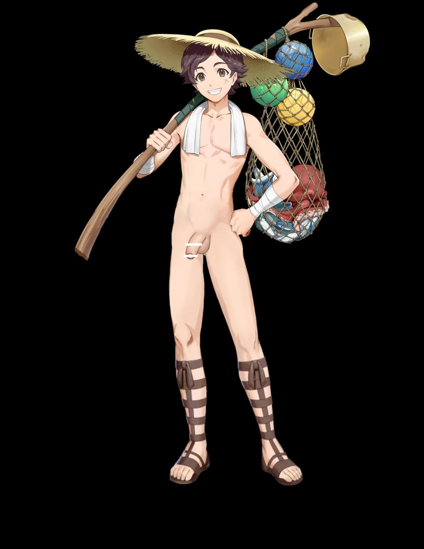 1boy black_background brown_eyes brown_hair censored codename_edit donnel_(fire_emblem) donnel_(summer)_(fire_emblem) edit fire_emblem fire_emblem_awakening fire_emblem_heroes fish footwear grin hat holding holding_object looking_at_viewer male male_only naked_hat net nintendo nude nude_filter nude_male octopus sandals scar short_hair solo stick straw_hat towel towel_around_neck