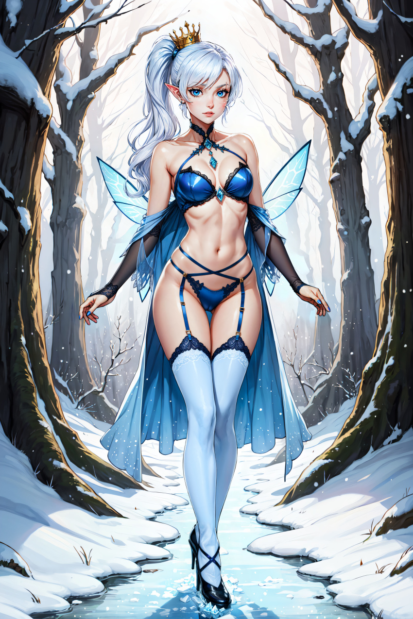 ai_generated aicon blue_eyes blue_lingerie blue_socks cameltoe elf_ears fairy fairy_wings fit_female lingerie rwby side_ponytail snow socks thigh_socks thighhighs weiss_schnee white_hair