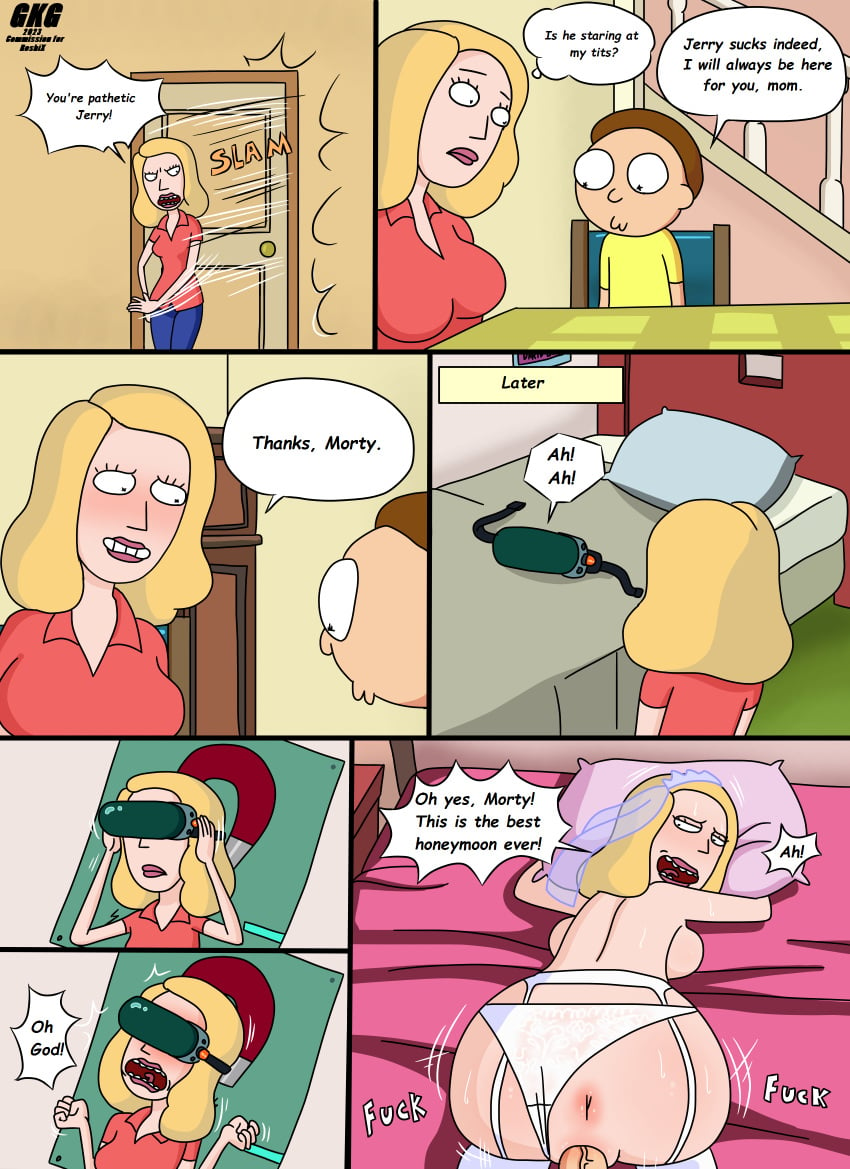 1boy 1girls anus ass bent_over beth_smith big_breasts blonde_hair blush breasts comic doggy_style english_text family family_sex female gkg happy_sex incest large_breasts lipstick long_hair mature_female morty_smith mother mother_and_son on_bed panties panties_aside penis rick_and_morty sex shoulder_length_hair son underwear vagina vaginal_insertion vaginal_penetration vaginal_sex vr_headset wedding_lingerie wedding_veil