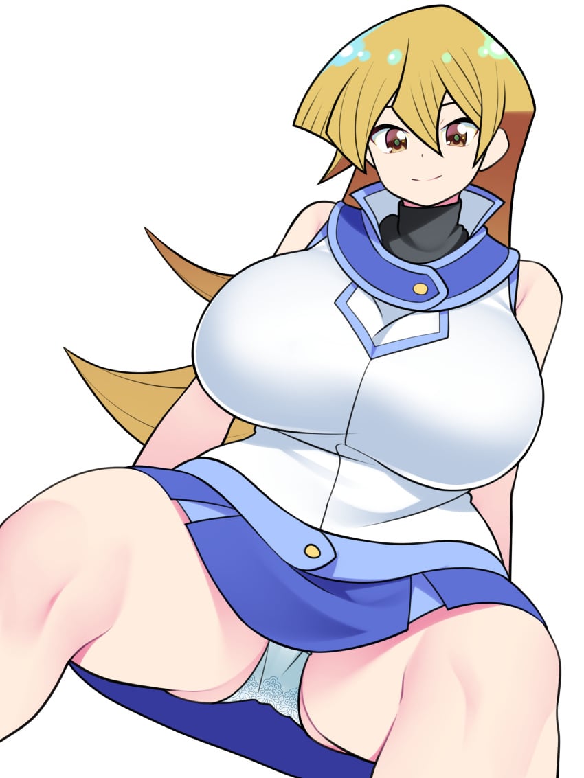 1girls alexis_rhodes bellupup big_breasts blonde_hair blue_skirt bottomwear breasts clothing female female_only legs long_hair open_mouth panties pantyshot skirt solo solo_female tenjouin_asuka thick_thighs thighs topwear white_panties yellow_eyes yu-gi-oh! yu-gi-oh!_gx