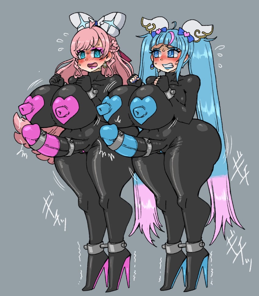 2futas blue_eyes bodysuit breasts clothed clothing covered_nipples duo erection female futa_only futa_sans_balls futanari high_heels huge_ass huge_breasts huge_cock humanoid humanoid_penis latex latex_futa long_hair metamorgirl mostly_nude nipples penis pink_hair standing thick_thighs twintails wide_hips