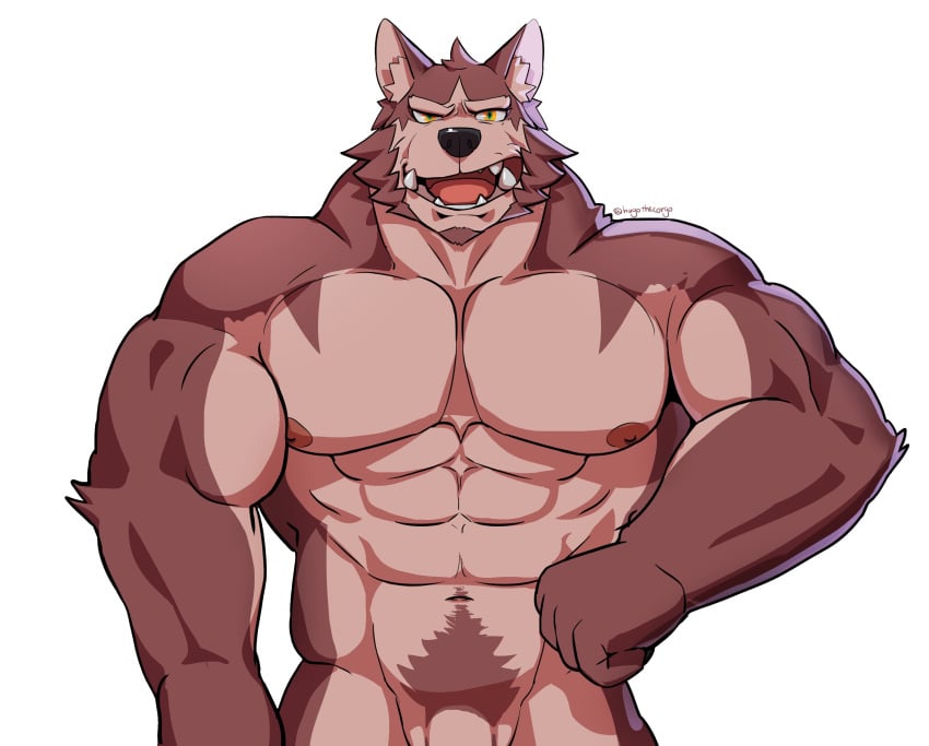 2022 abs absurd_res anthro artist_name biceps canid canine canis facial_hair fangs fur gay genitals goatee hi_res hugothecorgo looking_at_viewer male mammal muscular muscular_anthro muscular_male nipples obliques open_mouth pecs penis pubes red_body red_fur rou_(radcanine) sideburns simple_background solo teeth white_background wolf yellow_eyes