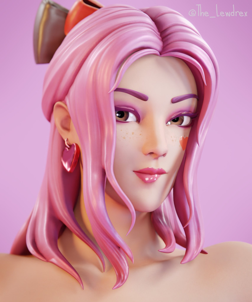 1girls 3d alternate_version_available armwear blender bowtie close-up ear_piercing earrings epic_games face_closeup female female_focus female_only fingerless_gloves fortnite freckles freckles_on_face gloves handwear highres lewdrex light-skinned_female light_skin looking_at_viewer lovely_(fortnite) nude nude_female piercing piercings pink_background pink_hair pose posing presenting simple_background solo solo_focus standing topless watermark