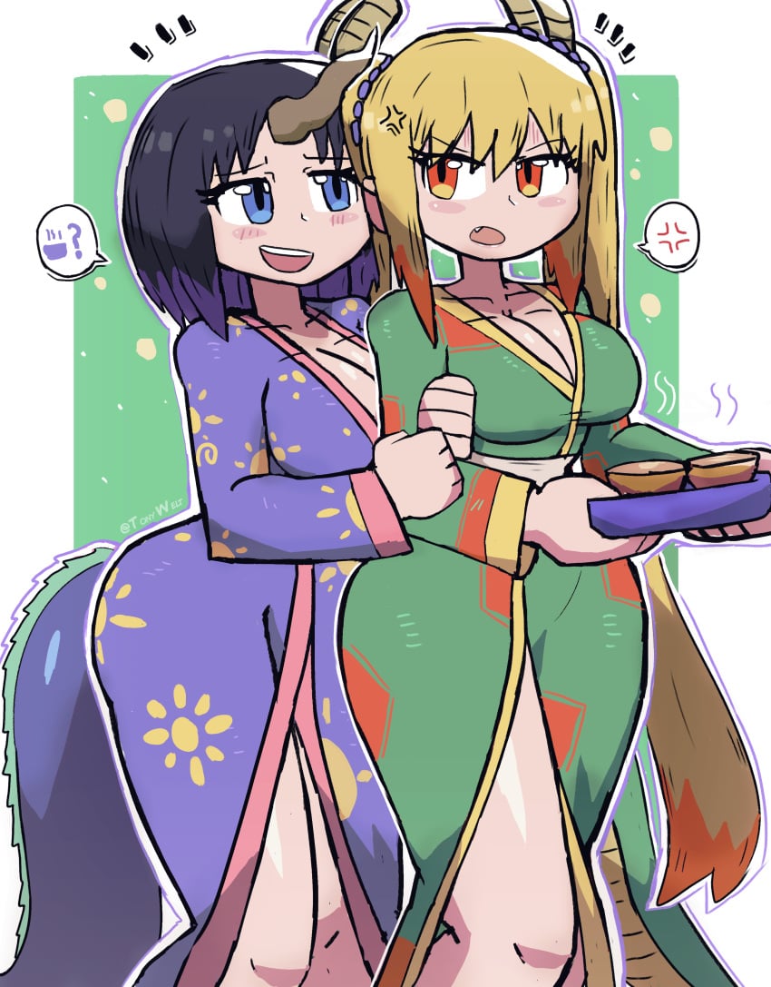 2girls antlers big_breasts black_hair blonde_hair blue_eyes cleavage elma_(dragon_maid) female female_only horn horns large_breasts light-skinned_female light_skin looking_at_viewer miss_kobayashi's_dragon_maid orange_eyes purple_hair tohru_(dragon_maid) tony_welt