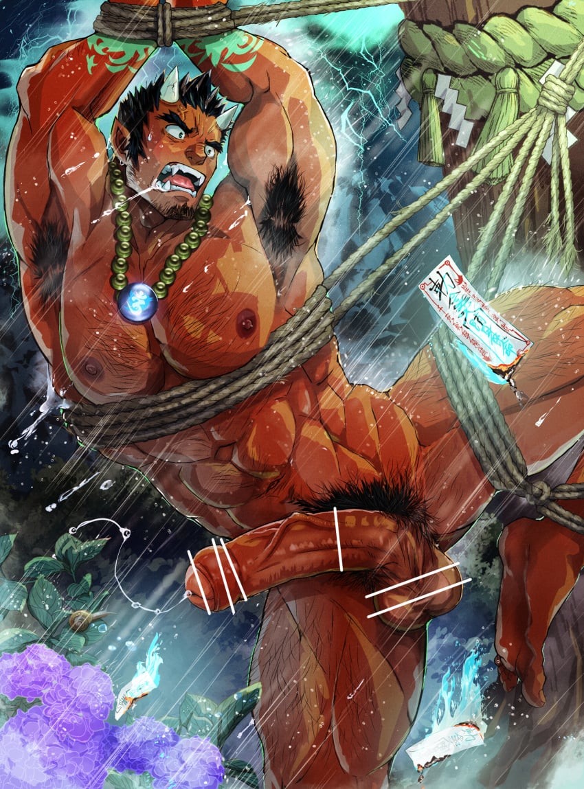 1boy 1male abs armpit_hair balls bara biceps big_balls big_penis censored erection facial_hair flaccid flaccid_penis foreskin gay hairy hairy_chest hard_on hi_res highres huge_cock japanese_mythology male male_focus male_only male_pubic_hair muscular muscular_male mythology nipples nude oni oni_horns partially_retracted_foreskin penis precum precum_drip red_body red_oni red_skin solo solo_male suamaru0808 teeth teeth_visible vein veiny_penis wet