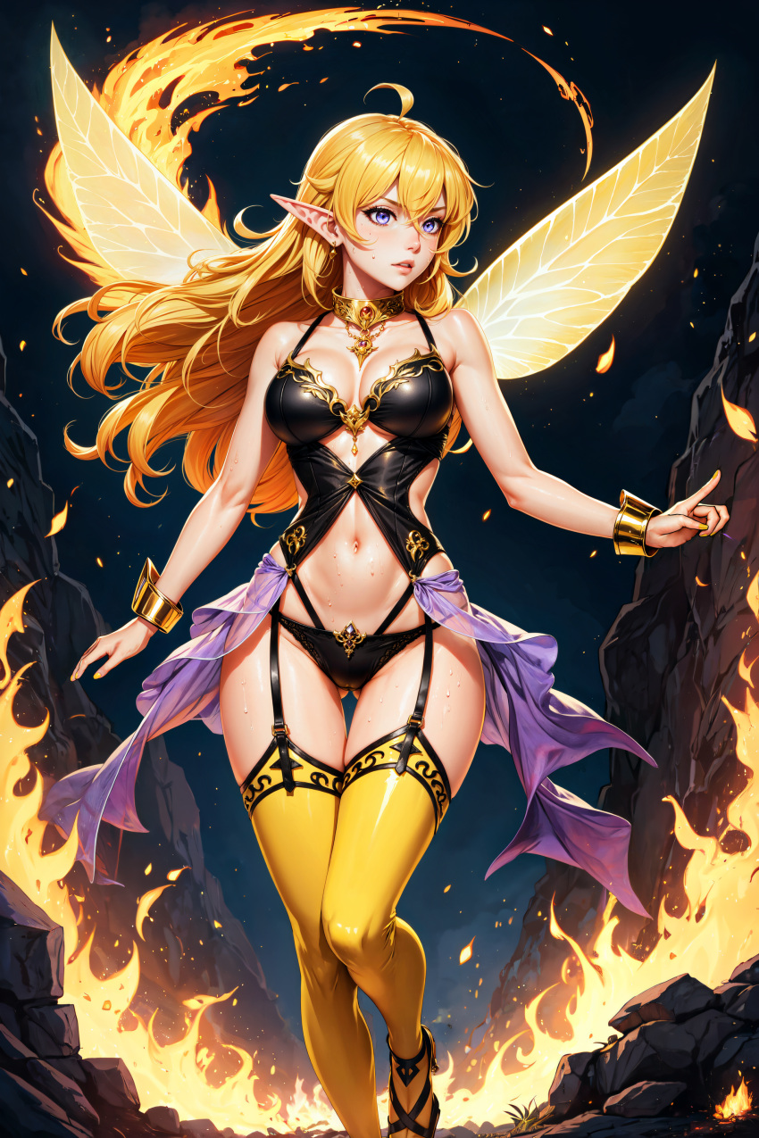 ai_generated aicon fairy fairy_wings female flames lingerie purple_eyes rwby thighhighs tits yang_xiao_long yellow_hair yellow_lingerie