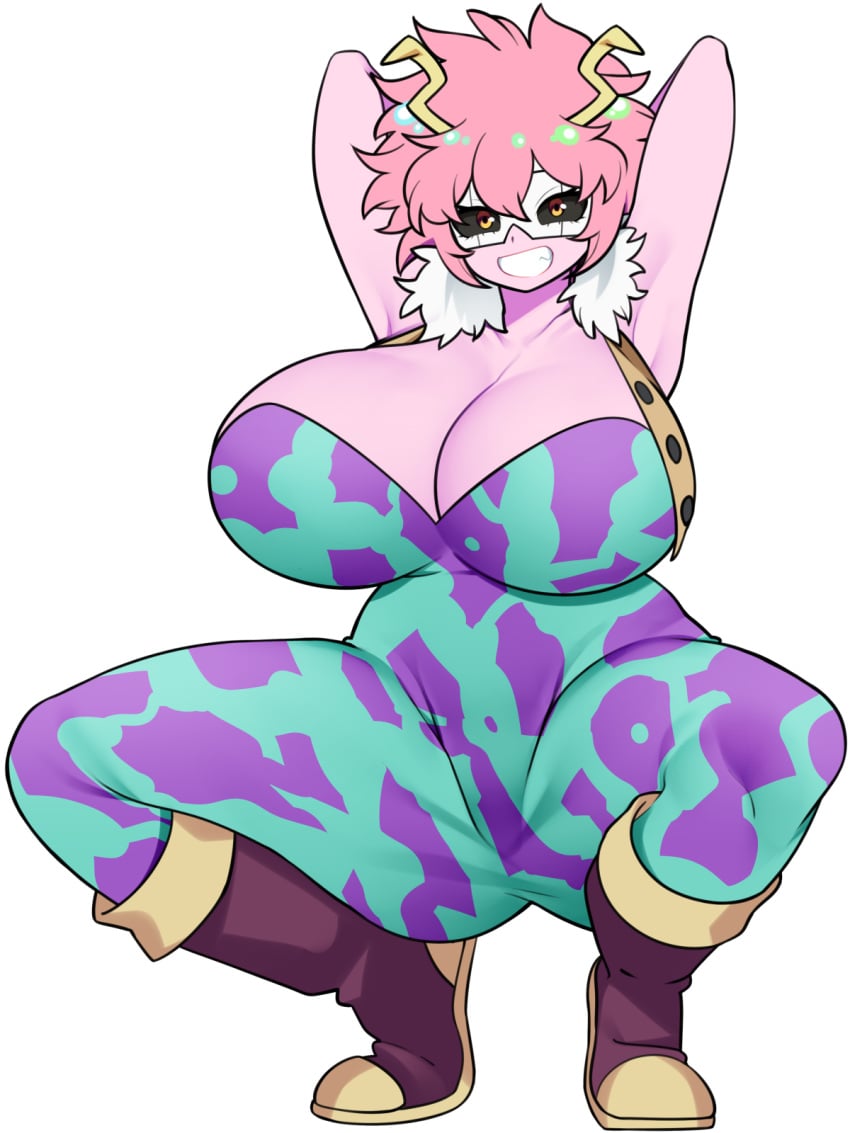 1girls armpits arms_behind_head ashido_mina bellupup big_breasts black_sclera breasts hero_outfit_(mha) horns looking_at_viewer mask mina_ashido my_hero_academia open_shirt pink_hair pink_skin smile smiling spread_legs squatting yellow_eyes