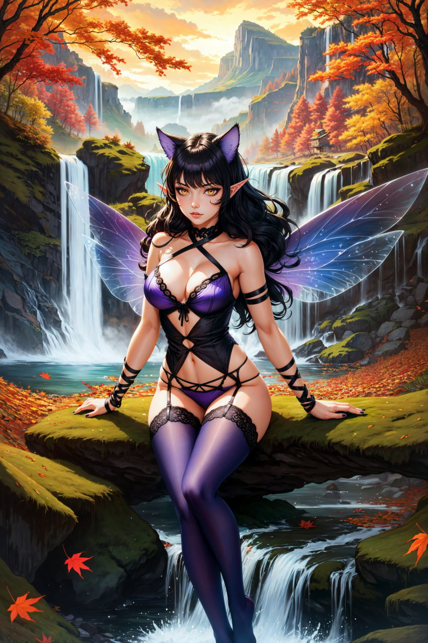 ai_generated aicon black_hair black_lingerie blake_belladonna cat_ears elf_ears fairy fairy_wings female lingerie purple_lingerie purple_socks rwby socks thigh_socks thighhighs tits waterfall yellow_eyes