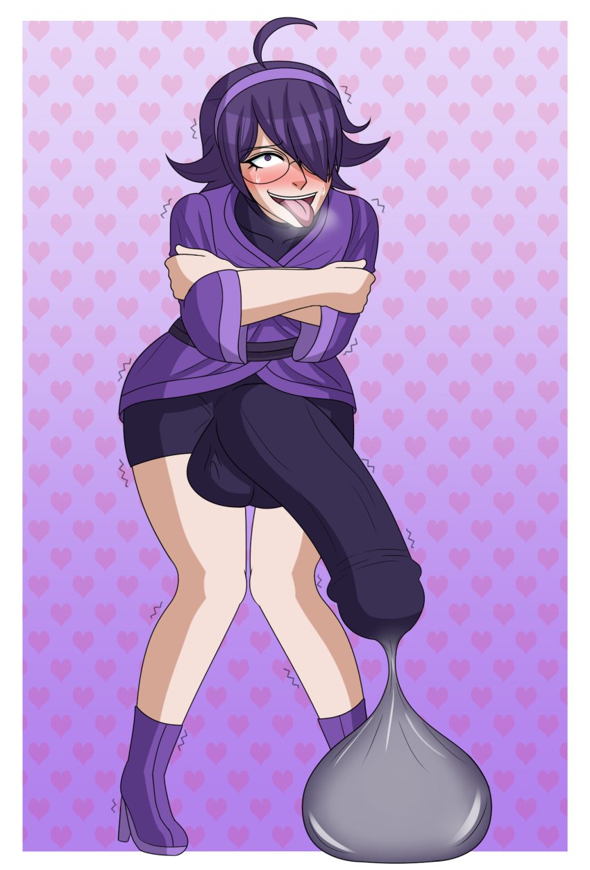 1boy ahe_gao arms_folded blush cum_balloon cumming eroticaquatic femboy fringe fully_clothed genderswap_(mtf) glasses headband heel_boots heels hex_maniac huge_cock hyper hyper_penis knees_together_feet_apart pokemon pokemon_xy purple_eyes purple_hair purple_theme robe rule_63 self_upload spats thick_thighs tongue_out