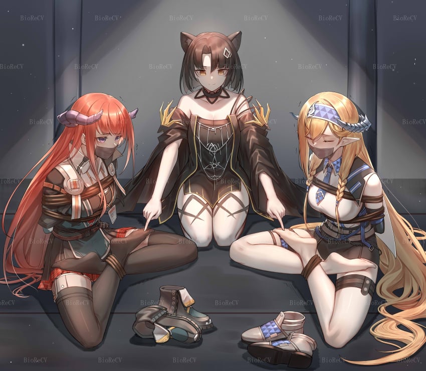 3girls arknights bagpipe_(arknights) biorecv bondage chenjiyan_y mandragora_(arknights) restrained saileach_(arknights) tickle_torture tickling tickling_feet tights