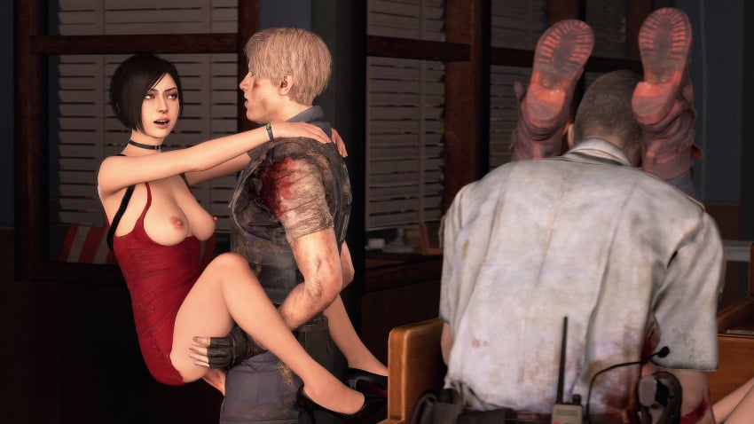 3d ada_wong black_hair blonde_hair blue_eyes brown_hair claire_redfield dark-skinned_male group group_sex interracial leon_scott_kennedy light-skinned_female m1stermorden marvin_branagh partially_clothed raised_leg resident_evil sex stand_and_carry_position standing standing_sex