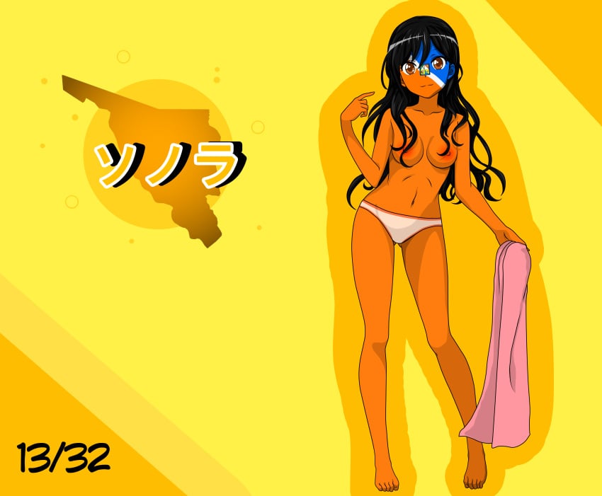 1girls alternate_version_available anime_style black_hair brown_eyes countryhumans countryhumans_girl female female_only japanese_text long_hair mexico orange_body orange_nipples orange_skin quetzalcóatl_(artist) simple_background sonora_(statehumans) statehumans statehumans_girl text underwear yellow_background