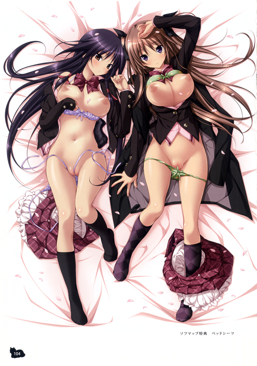 2girls anna_(mirai_nostalgia) black_hair bra breasts brown_hair feet green_bra green_panties kasuga_iori koku lingerie lying mirai_nostalgia multiple_girls nipples no_shoes on_back panties purple_bra purple_eyes purple_panties purple_software uncensored underwear