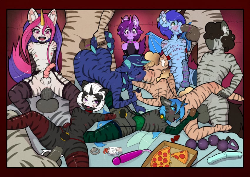 anthro chastity_cage chastity_device gangbang girly group group_sex hasbro husdur kissing male male/male my_little_pony sex striped stripes yaoi zebra zebra_print zebradom