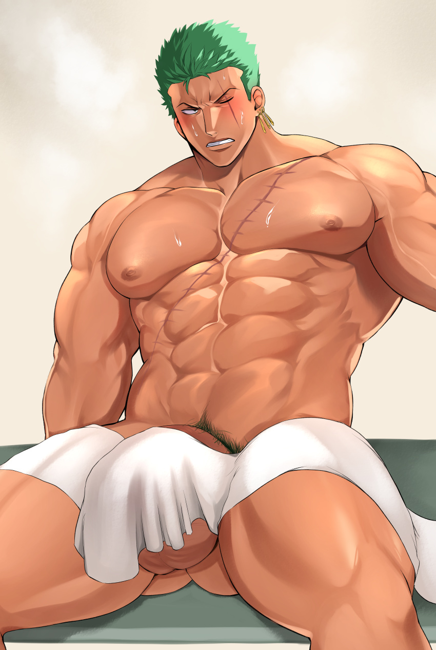 1boy abs balls bara biceps big_balls big_penis blush bulge completely_nude e_boir flaccid flaccid_penis gay green_hair hi_res highres huge_bulge huge_cock kurosuke0755 male male_focus male_only male_pubic_hair muscular muscular_male nipples nude one_piece penis roronoa_zoro scar solo solo_male