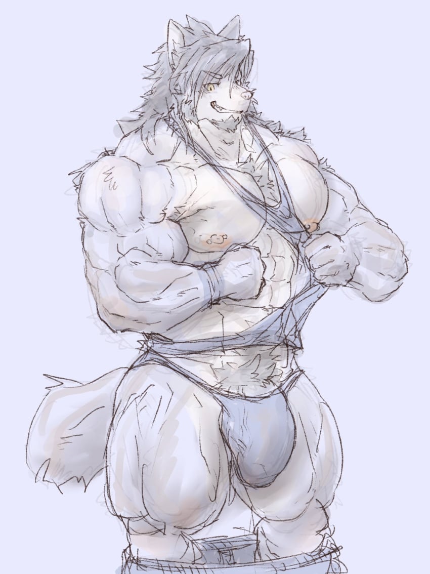 abs anthro ball_bulge body_hair bottomwear bottomwear_down bulge canid canine canis chest_tuft clothed clothing domestic_dog facial_hair flexing fur grey_body grey_fur grey_hair hair happy_trail hi_res husky invalid_tag kouya_(morenatsu) male male/male mammal morenatsu muscle_shirt muscular muscular_male nipple_piercing nipples nordic_sled_dog pants pants_down partially_clothed pecs piercing pubes sideburn sideburns smile smirk solo spitz tan_body tan_fur tuft yellow_eyes yunu38