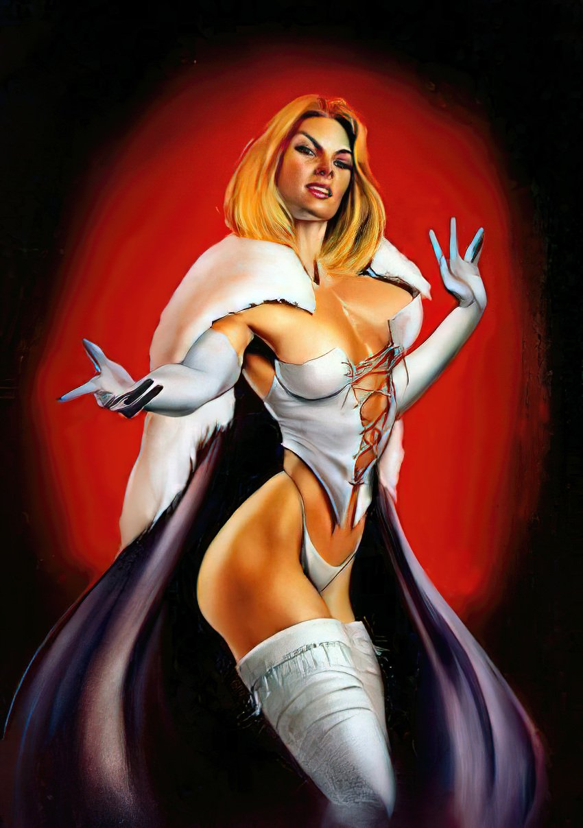 1990s 1995 20th_century big_breasts blonde_hair blue_eyes breasts cape cleavage corset curvy curvy_female emma_frost female hellfire_club marvel marvel_comics panties tanned tanned_female tanned_skin telepath thick_thighs thighs white_queen wsnakex x-men